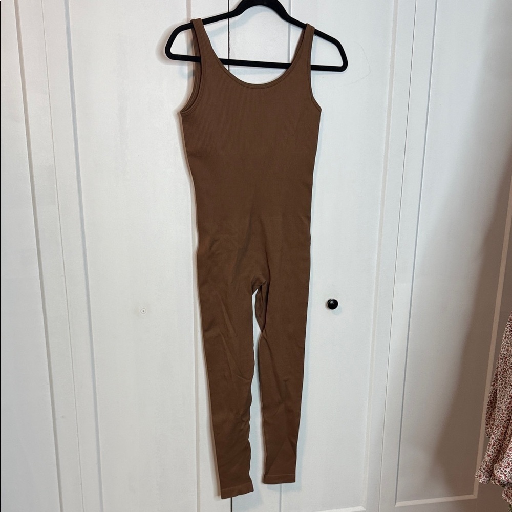 Brown Ribbed Women's Jumpsuit Bump Suit Romper - Medium -